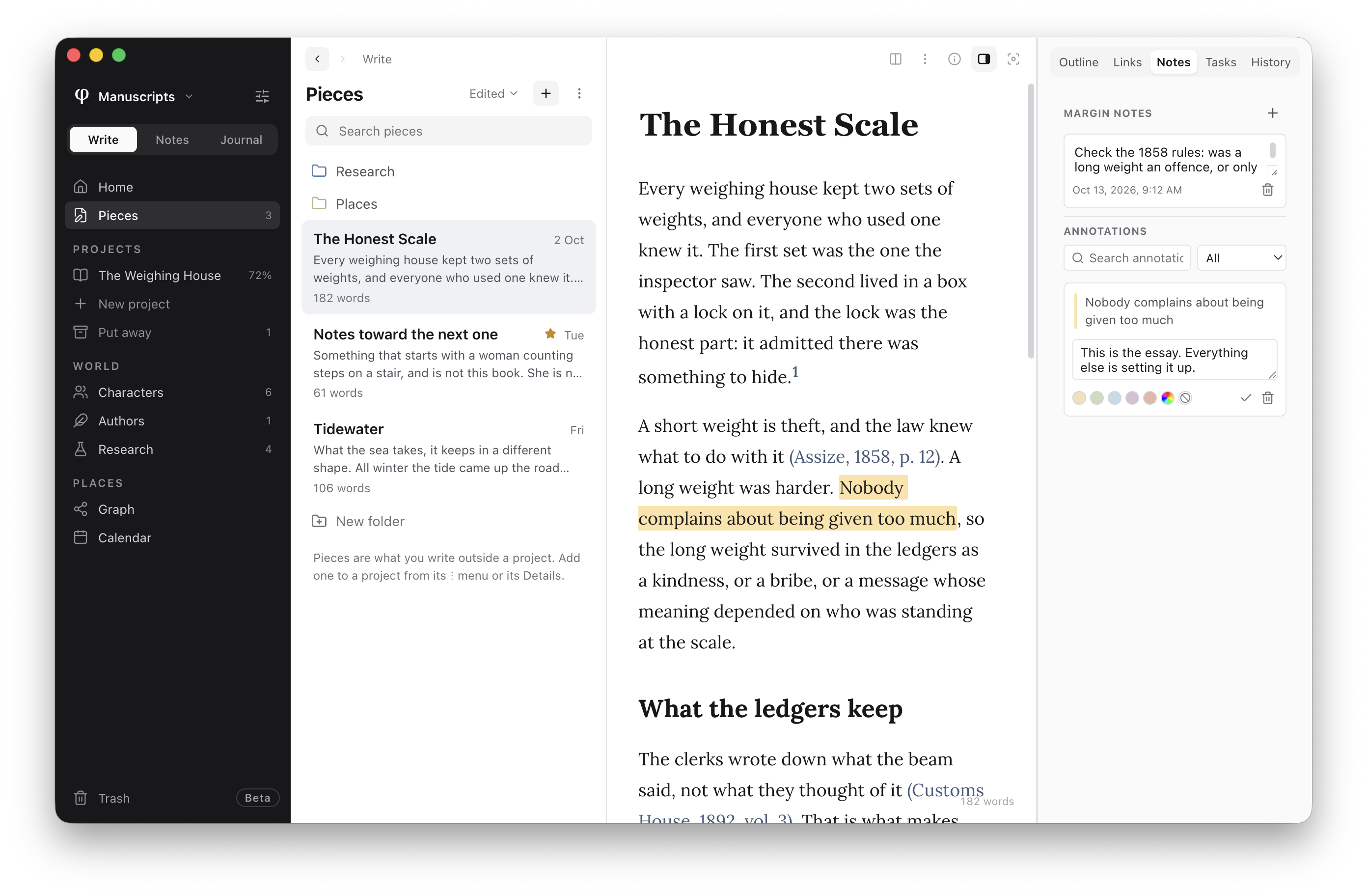 The Honest Scale, an essay in Poiesis, with footnotes, citations and a highlight, and its comments and margin notes beside it