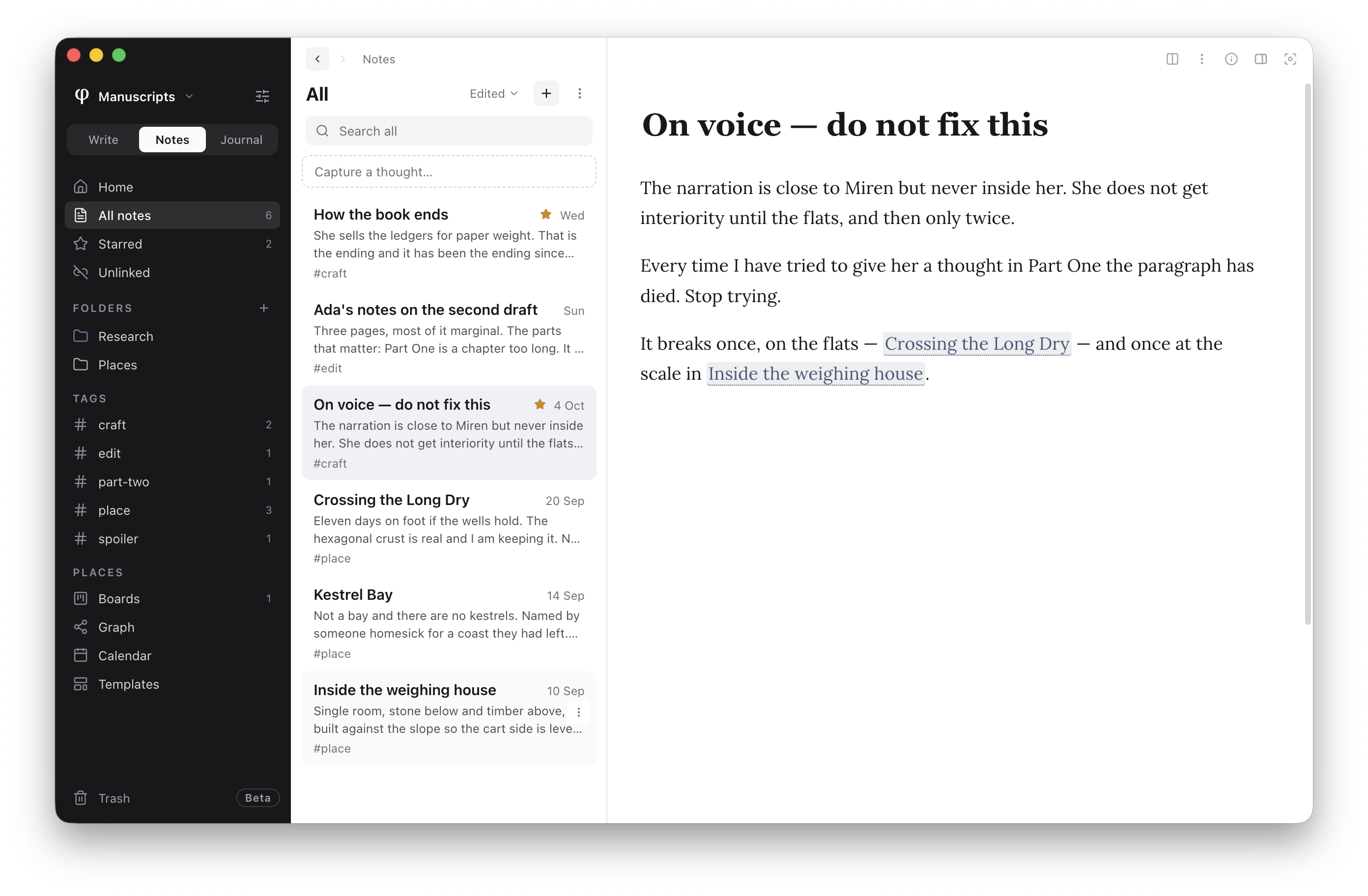 A chapter’s version history in Poiesis: every pass dated and named, with the changes marked