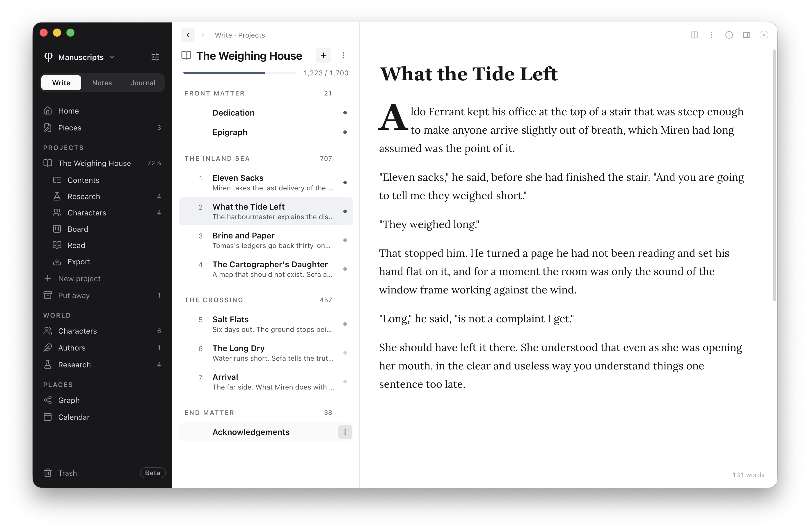 The Poiesis window of a novel, The Weighing House: its parts and chapters, each with its word goal and status