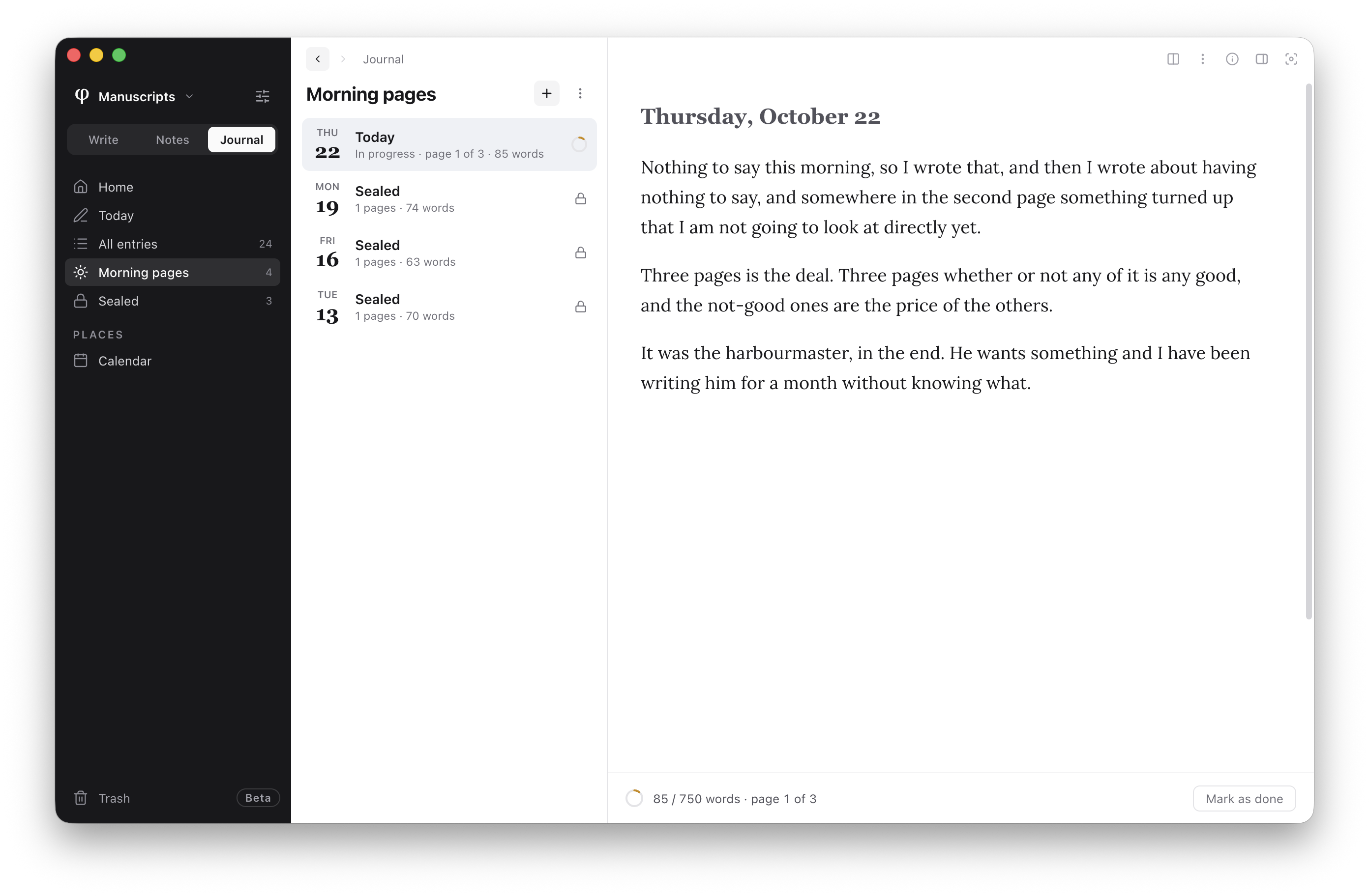 Today’s morning pages in Poiesis’s journal, beside the month’s calendar of writing days