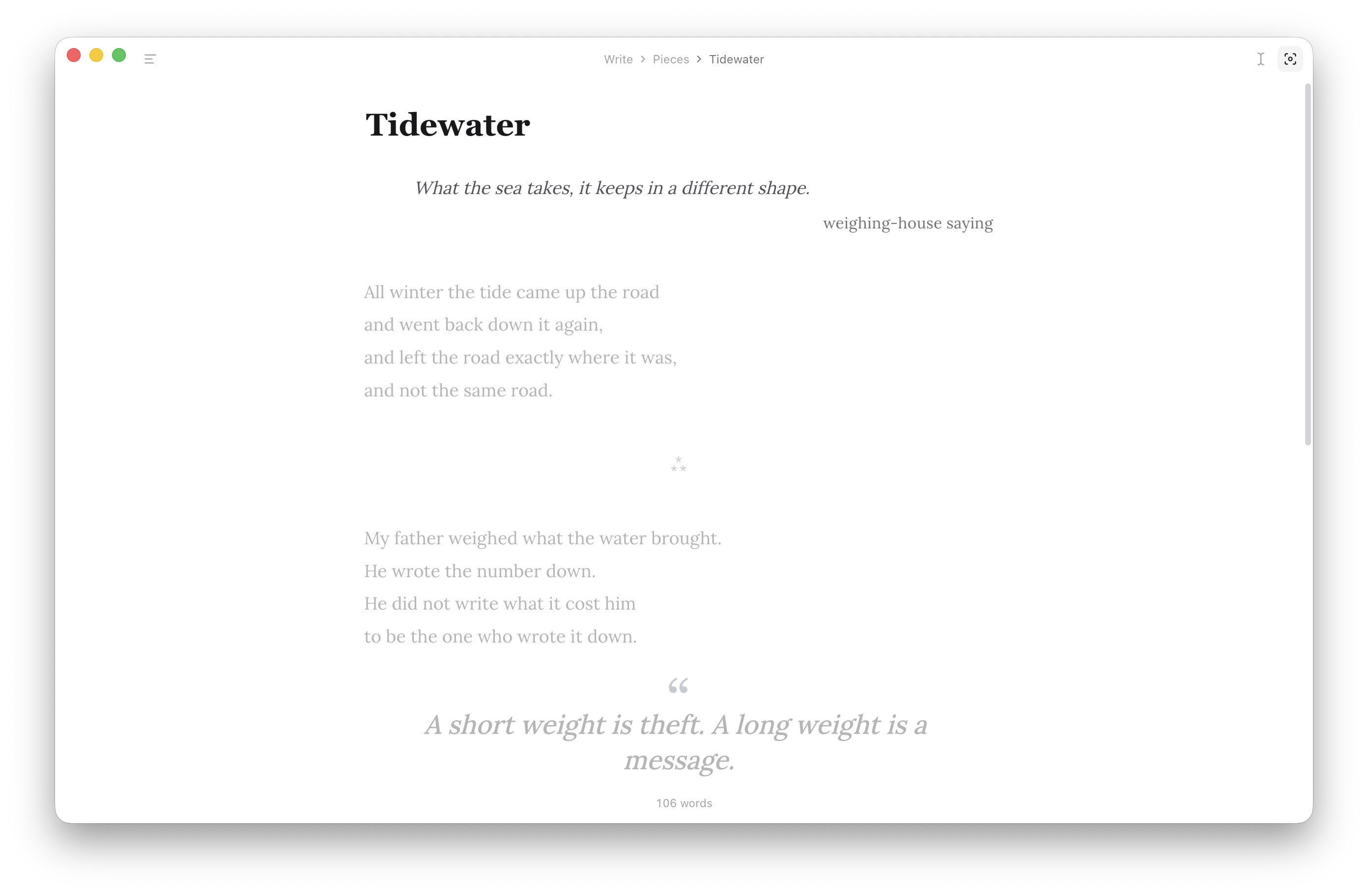 A poem in Poiesis: an epigraph, two stanzas with their line breaks, a scene break and a pull-quote