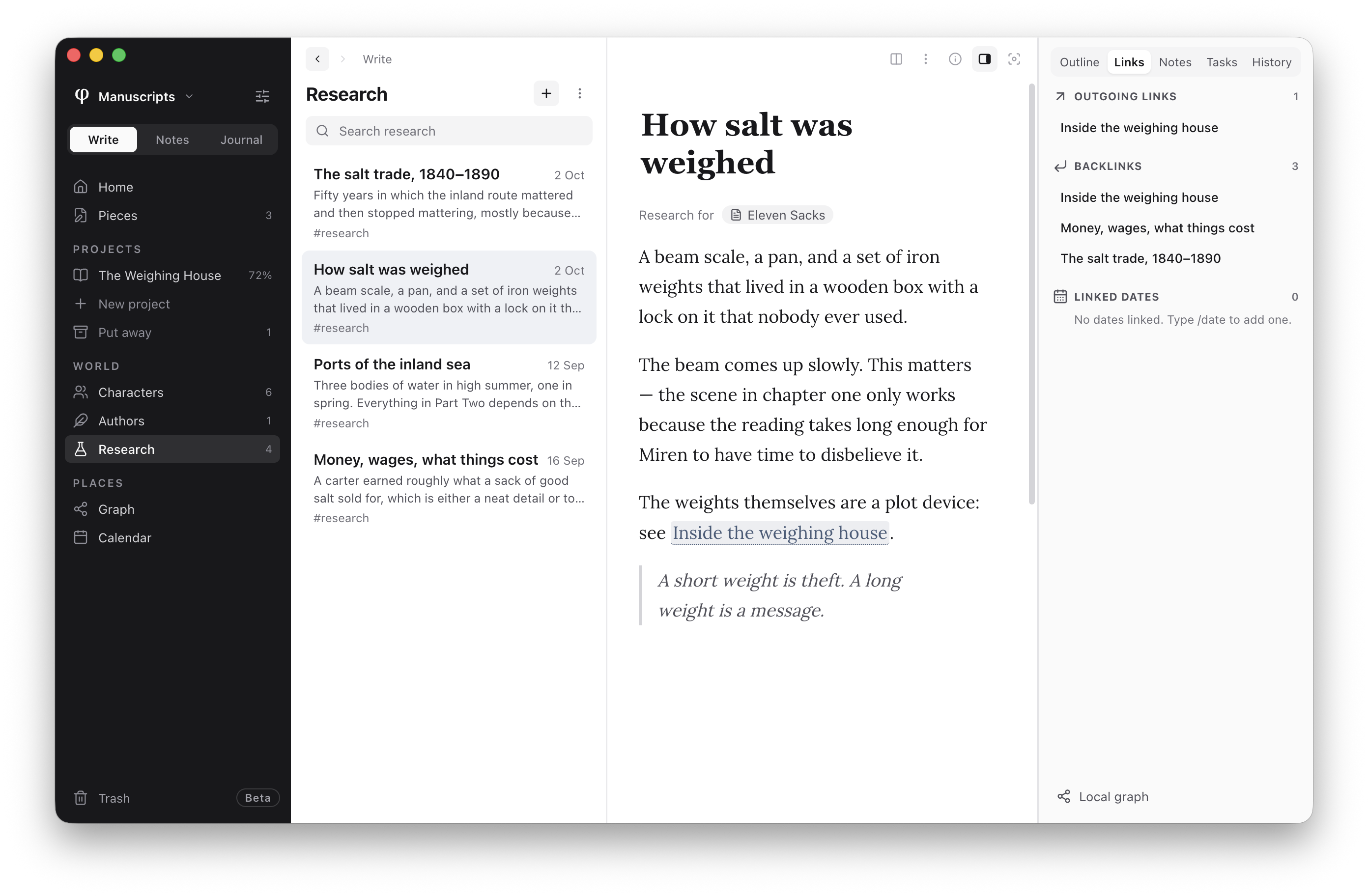 A research note in Poiesis, with its links and backlinks to the other notes beside it